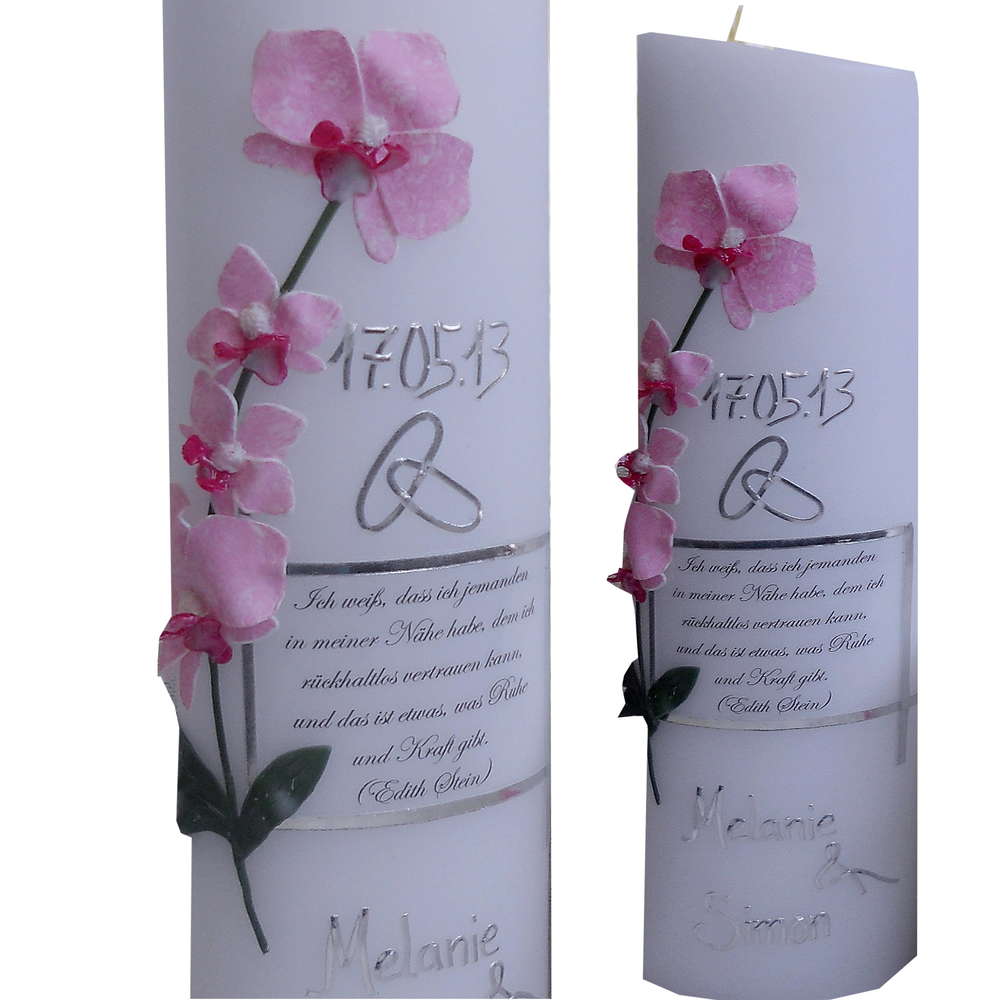 Hochzeitskerze mit Orchideen Orchideenblüten Lila/Silber H066 