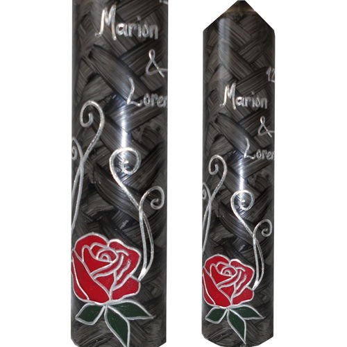 Hochzeitskerze Geburtstag Jugendweihe 250x60 Gothic Dark Kerze schwarz gespachtelt mit Rose IH110