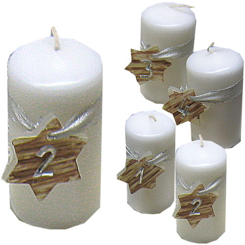 4er Set Kerzen Adventskerzen 100x50 mit Stern und Zahlen braun weiss silber  IW18